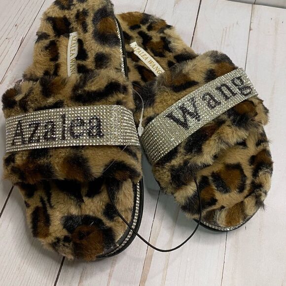 New Azalea Wang Logo Leopard Rhinestone Print Slide Sandals Size 6 - Picture 3 of 4
